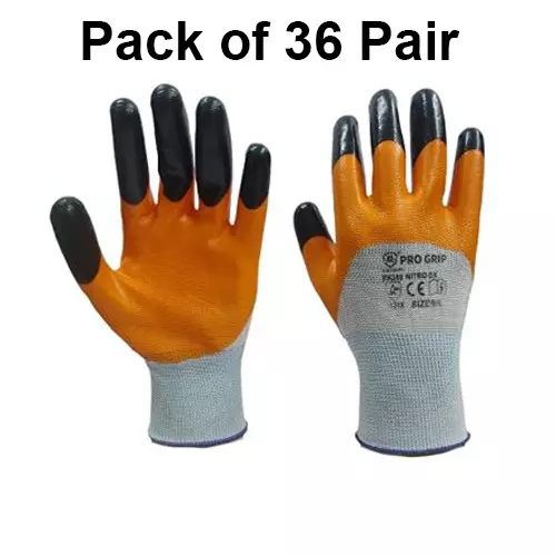 ROCKSAFE Safety Hand Gloves Polyester Nitro DX Dual Layer Nitrile Coated Orange & Black Reinforced Fingers Free Size (Pack of 36 Pairs)