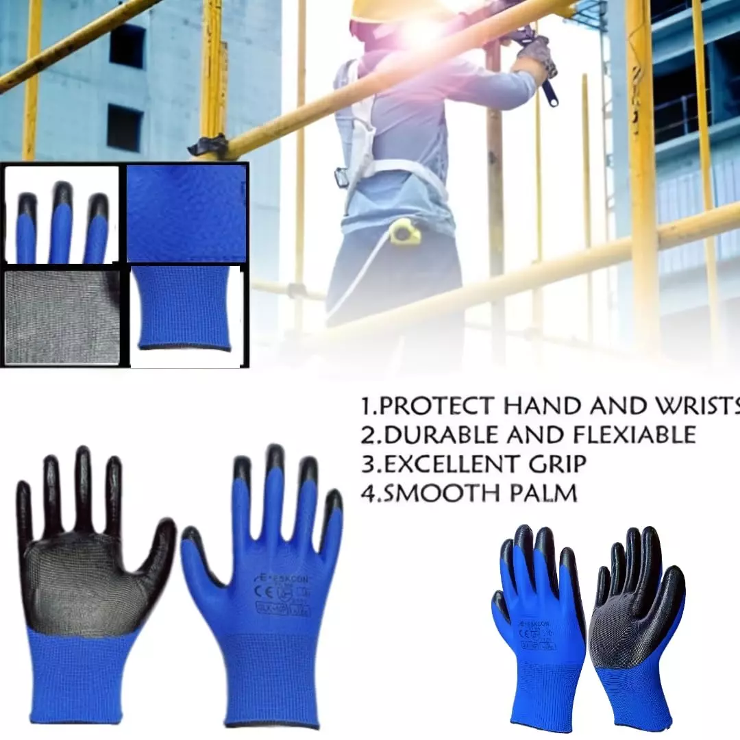 Swavind Safety Hand Gloves Strong Synthetic Fabric Latex & Nitrile Coated Palm with Abrasion Resistance Blue & Black Free Size (Pack of 12 Pair)