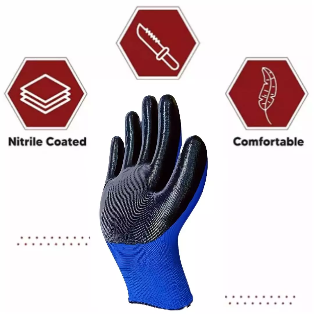 Swavind Safety Hand Gloves Strong Synthetic Fabric Latex & Nitrile Coated Palm with Abrasion Resistance Blue & Black Free Size (Pack of 12 Pair)