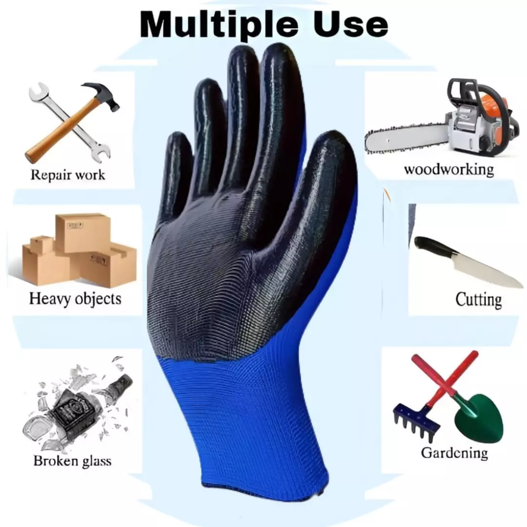 Swavind Safety Hand Gloves Strong Synthetic Fabric Latex & Nitrile Coated Palm with Abrasion Resistance Blue & Black Free Size (Pack of 12 Pair)