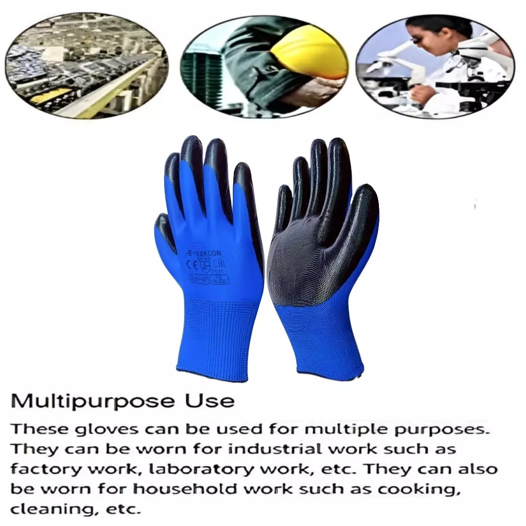 Swavind Safety Hand Gloves Strong Synthetic Fabric Latex & Nitrile Coated Palm with Abrasion Resistance Blue & Black Free Size (Pack of 12 Pair)