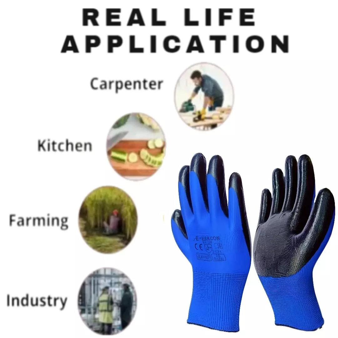 Swavind Safety Hand Gloves Strong Synthetic Fabric Latex & Nitrile Coated Palm with Abrasion Resistance Blue & Black Free Size (Pack of 12 Pair)