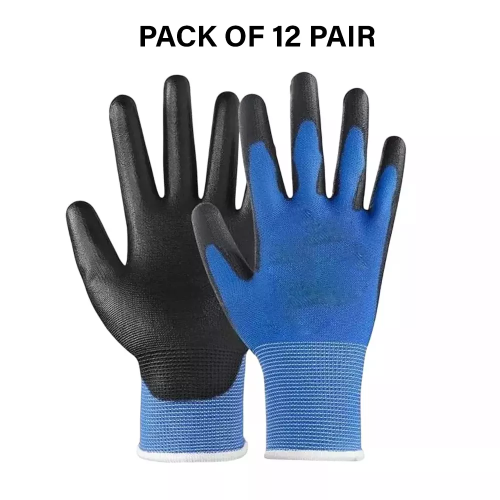 Swavind Safety Hand Gloves Strong Synthetic Fabric Latex & Nitrile Coated Palm with Abrasion Resistance Blue & Black Free Size (Pack of 12 Pair)