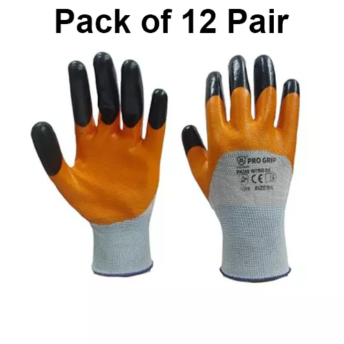 ROCKSAFE Safety Hand Gloves Polyester Nitro DX Dual Layer Nitrile Coated Orange & Black Reinforced Fingers Free Size (Pack of 12 Pairs)