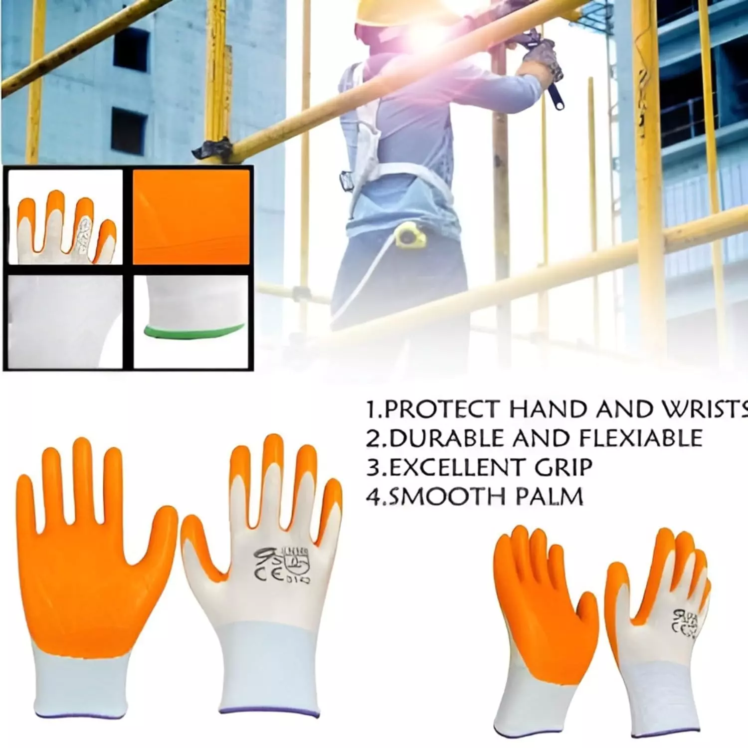 Swavind Safety Hand Gloves Durable Synthetic Fabric Latex & Nitrile Coated Palm with Abrasion Resistance Orange & White Free Size