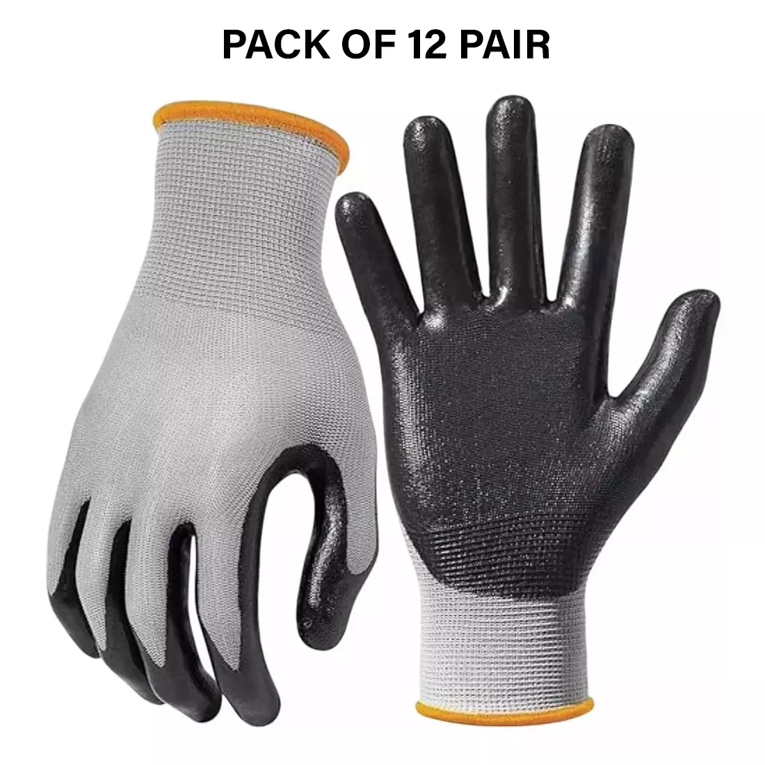 Swavind Safety Hand Gloves Synthetic Latex-Nitrile Coated Palm with Abrasion Resistance Grey & Black Free Size (Pack of 12 Pair)