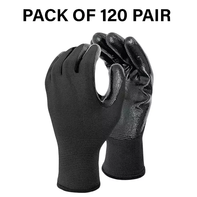 Swavind Safety Hand Gloves Latex-Nitrile Blend Latex-Nitrile Coated Palm with Abrasion Resistance Black Free Size (Pack of 120 Pair)