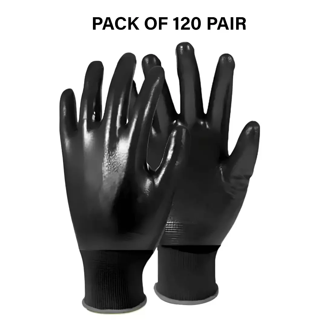 Swavind Safety Hand Gloves Durable Synthetic Fabric Full Latex + Nitrile Coating with Abrasion Resistance Full Black Free Size (Pack of 120 Pair)