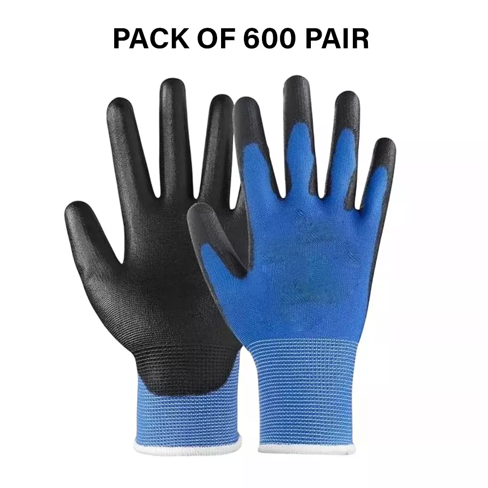 Swavind Safety Hand Gloves Strong Synthetic Fabric Latex & Nitrile Coated Palm with Abrasion Resistance Blue & Black Free Size (Pack of 600 Pair)