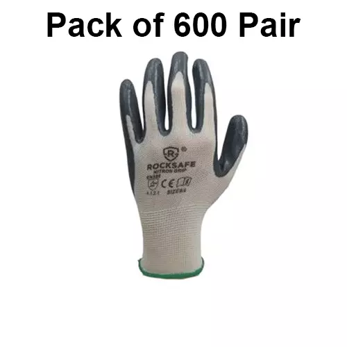 ROCKSAFE Safety Hand Gloves 13 Gauge Polyester Level 1 Nitrile Coating HPPE Liner Nitron Grip White & Grey Free Size, Heavy (Pack of 600 Pairs)