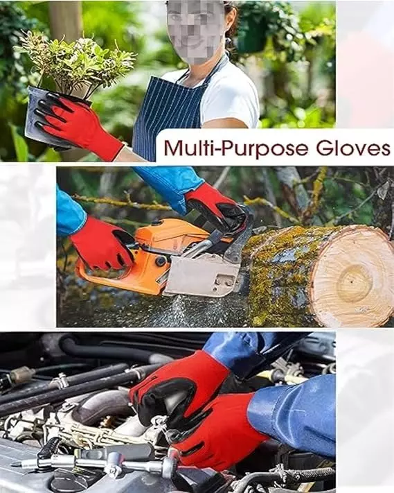 Swavind Safety Hand Gloves Durable Synthetic Latex Nitrile Coated Palm with Abrasion Resistance Red & Black Free Size (Pack of 12 Pair)