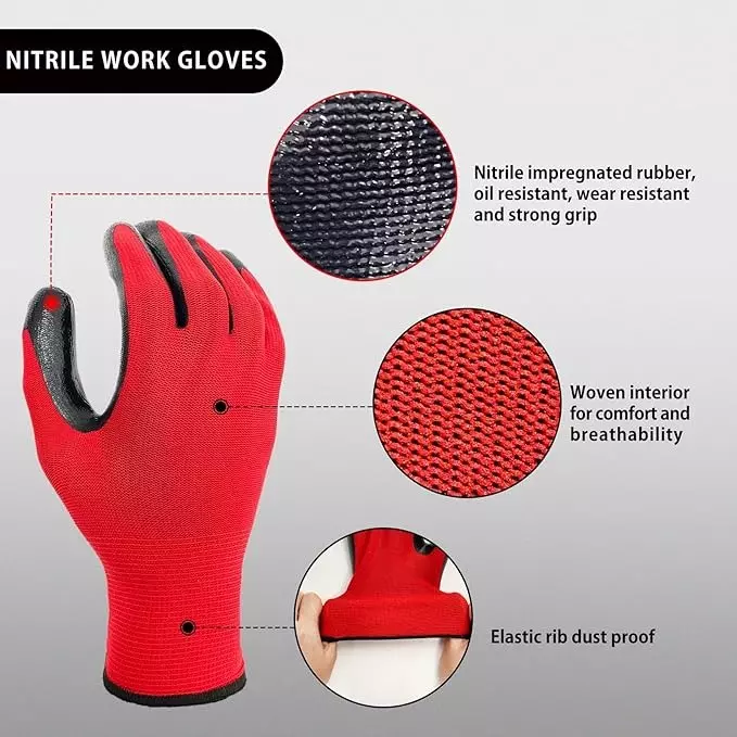 Swavind Safety Hand Gloves Durable Synthetic Latex Nitrile Coated Palm with Abrasion Resistance Red & Black Free Size (Pack of 12 Pair)