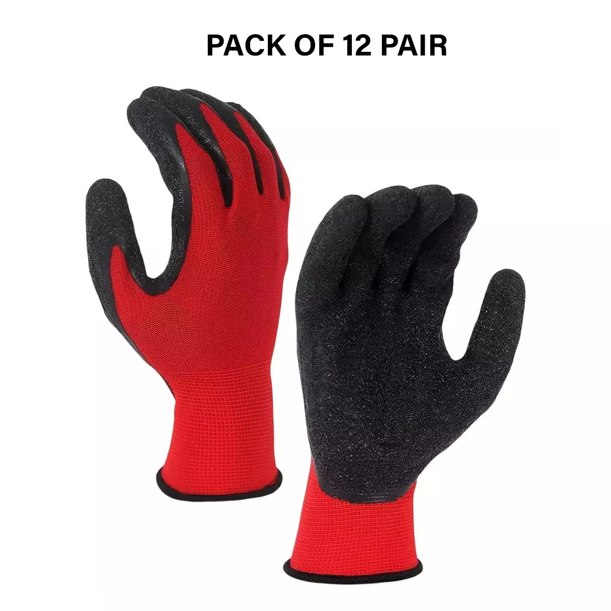 Swavind Safety Hand Gloves Durable Synthetic Latex Nitrile Coated Palm with Abrasion Resistance Red & Black Free Size (Pack of 12 Pair)