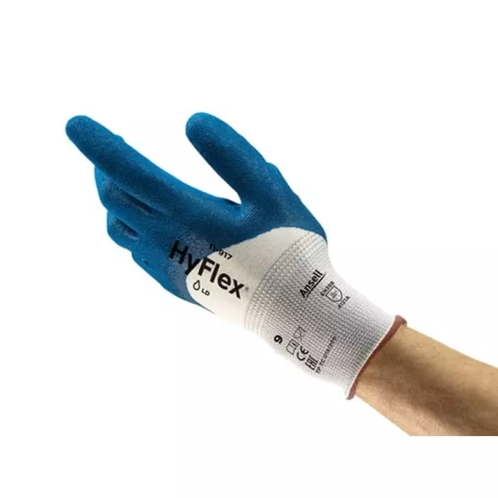 Ansell HyFlex 11-917 Blue Nylon Oil Resistant Gloves Size 9 Nitrile Coating, 11917090