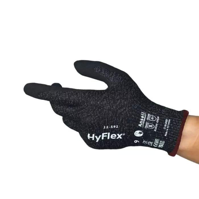 Ansell HyFlex 11591 Black HPPE Nylon Spandex Cut Resistant Work Gloves Size 7 Nitrile Coating, 11591070