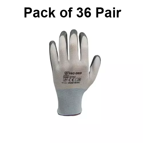 PRO GRIP By ROCKSAFE Safety Hand Gloves 13 Gauge Polyester Level 1 Nitrile Coating White & Grey Free Size, ECO (Pack of 36 Pairs)