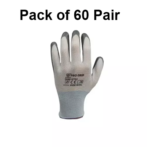 PRO GRIP By ROCKSAFE Safety Hand Gloves 13 Gauge Polyester Level 1 Nitrile Coating White & Grey Free Size, ECO (Pack of 60 Pairs)