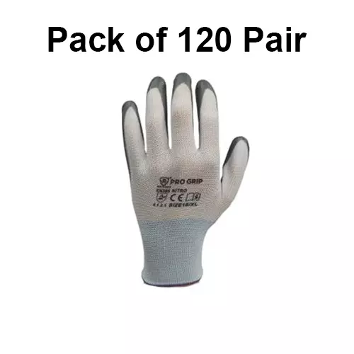 PRO GRIP By ROCKSAFE Safety Hand Gloves 13 Gauge Polyester Level 1 Nitrile Coating White & Grey Free Size, ECO (Pack of 120 Pairs)