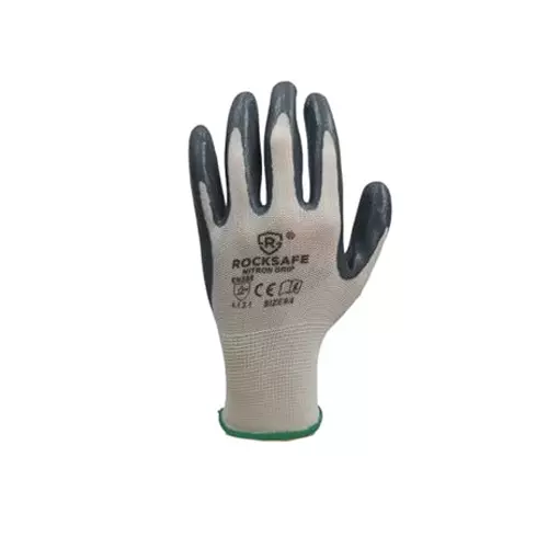 ROCKSAFE Safety Hand Gloves 13 Gauge Polyester Level 1 Nitrile Coating HPPE Liner Nitron Grip White & Grey Free Size, Heavy (Pack of 72 Pairs)