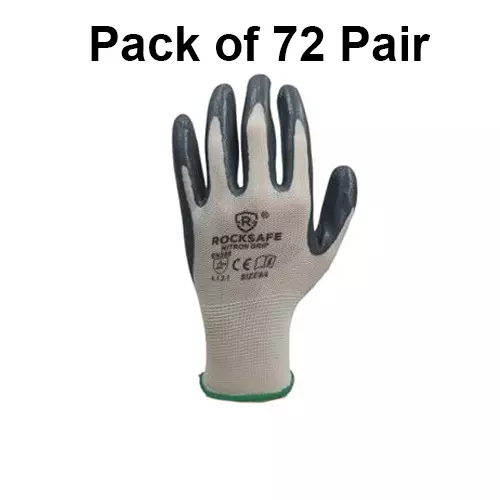 ROCKSAFE Safety Hand Gloves 13 Gauge Polyester Level 1 Nitrile Coating HPPE Liner Nitron Grip White & Grey Free Size, Heavy (Pack of 72 Pairs)