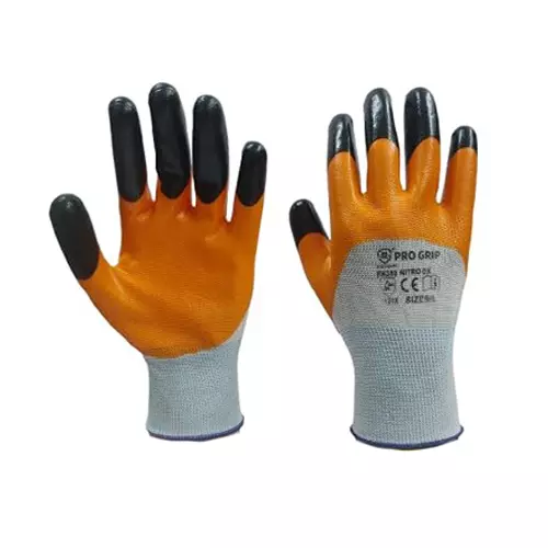 ROCKSAFE Safety Hand Gloves Polyester Nitro DX Dual Layer Nitrile Coated Orange & Black Reinforced Fingers Free Size (Pack of 48 Pairs)