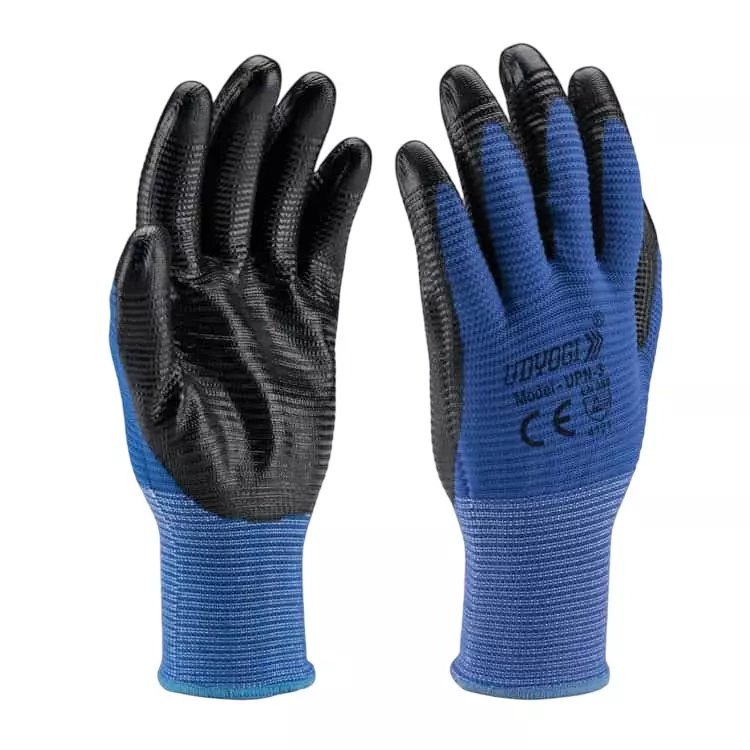 Udyogi Safety Gloves Nylon/Lycra U3 Shell with Special Grade Nitrile Coating on Palm 13 Gauge Black & Blue Free Size, UPN3