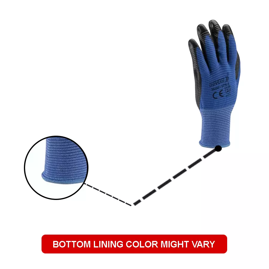Udyogi Safety Gloves Nylon/Lycra U3 Shell with Special Grade Nitrile Coating on Palm 13 Gauge Black & Blue Free Size, UPN3