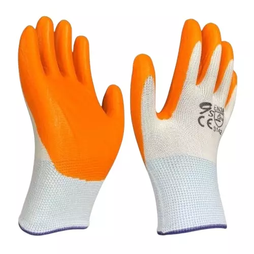 Swavind Safety Hand Gloves Durable Synthetic Fabric Latex & Nitrile Coated Palm with Abrasion Resistance Orange & White Free Size (Pack of 120 Pair)