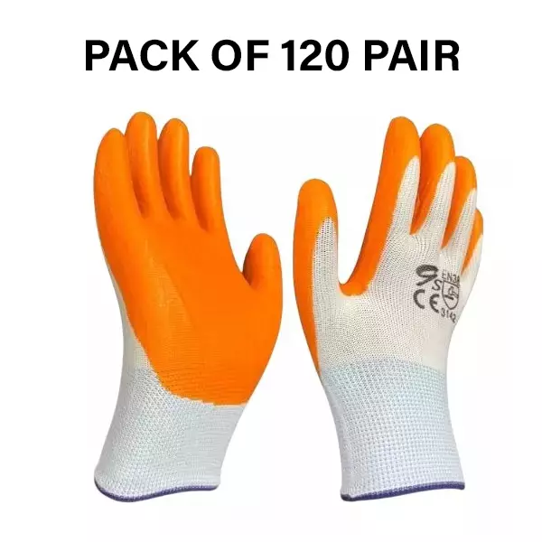 Swavind Safety Hand Gloves Durable Synthetic Fabric Latex & Nitrile Coated Palm with Abrasion Resistance Orange & White Free Size (Pack of 120 Pair)