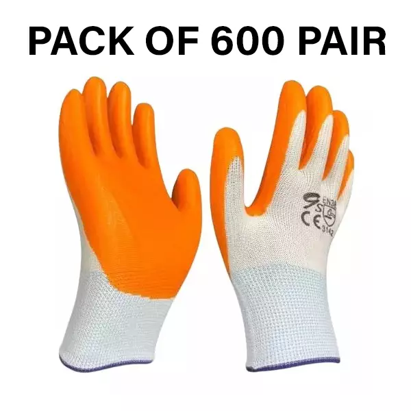 Swavind Safety Hand Gloves Durable Synthetic Fabric Latex & Nitrile Coated Palm with Abrasion Resistance Orange & White Free Size (Pack of 600 Pair)