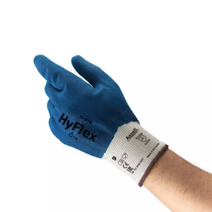 Ansell HyFlex 11-919 Blue Nylon Oil Resistant Gloves Size 7 Nitrile Coating, 11919070