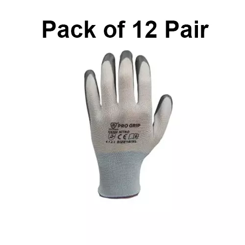 PRO GRIP By ROCKSAFE Safety Hand Gloves 13 Gauge Polyester Level 1 Nitrile Coating White & Grey Free Size, ECO, ECO (Pack of 12 Pairs)