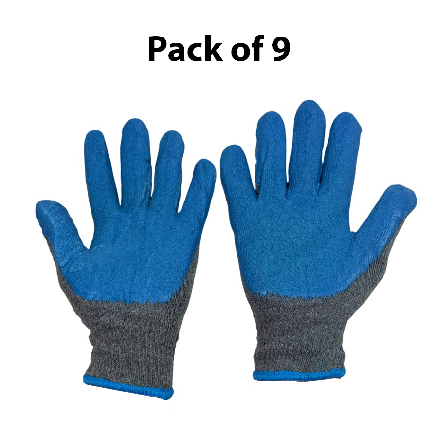 GENERIC Free Size Grey and Blue Synthetic Crinkle Coated Hand Gloves for Industrial Usage; Pack of 9 pairs
