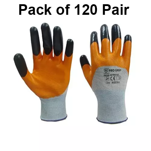 ROCKSAFE Safety Hand Gloves Polyester Nitro DX Dual Layer Nitrile Coated Orange & Black Reinforced Fingers Free Size (Pack of 120 Pairs)