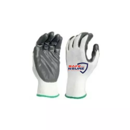Safe N Sure Nitrile Palm Coated Gloves 254 mm (10 inch) Seamless Knitted Polyester Liner 13 Gauge White, Grey, SSNE130-35 (Pack of 10 Pair)