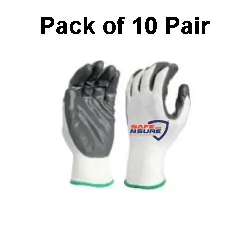Safe N Sure Nitrile Palm Coated Gloves 254 mm (10 inch) Seamless Knitted Polyester Liner 13 Gauge White, Grey, SSNE130-35 (Pack of 10 Pair)