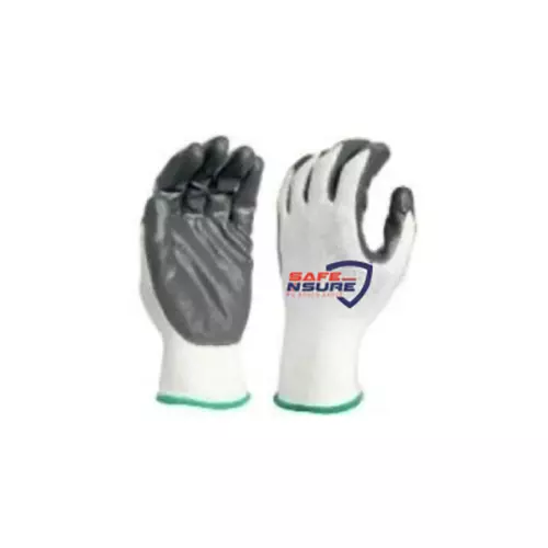 Safe N Sure Nitrile Palm Coated Gloves 254 mm (10 inch) Seamless Knitted Polyester Liner 13 Gauge White, Grey, SSNE130-45 (Pack of 10 Pair)