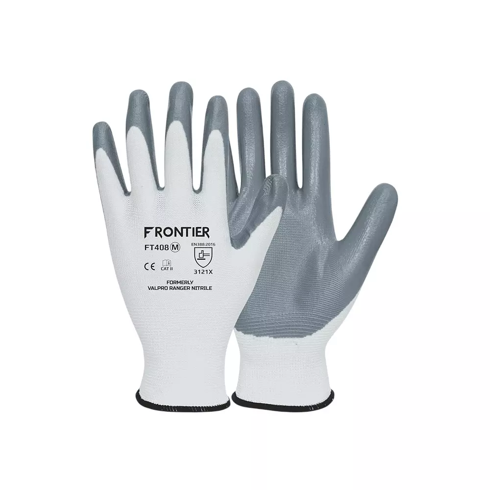 Frontier Safety Hand Gloves with Elasticated Wrist Nitrile M Size White & Grey Excellent Grip (Pack of 10 Pair) FT408