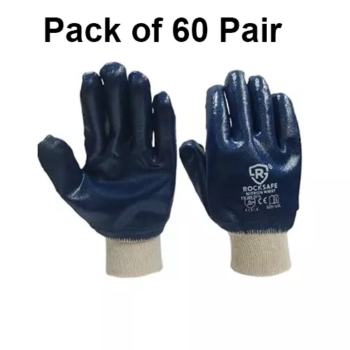 ROCKSAFE Safety Hand Gloves Nitron Knit Wrist Type Full Nitrile Coating Cotton Lining Blue Free Size (Pack of 60 Pairs)