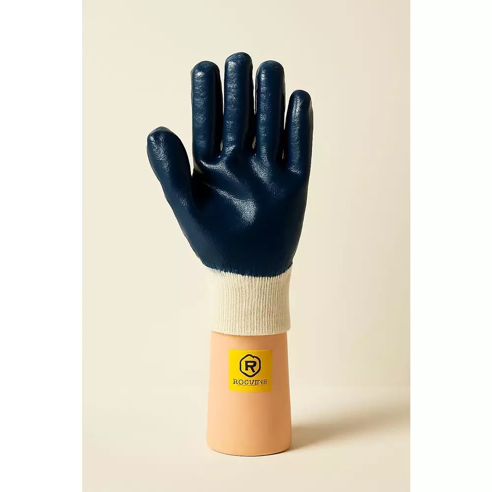 ROCKSAFE Safety Hand Gloves Nitron Knit Wrist Type Full Nitrile Coating Cotton Lining Blue Free Size (Pack of 96 Pairs)