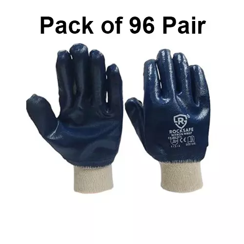 ROCKSAFE Safety Hand Gloves Nitron Knit Wrist Type Full Nitrile Coating Cotton Lining Blue Free Size (Pack of 96 Pairs)