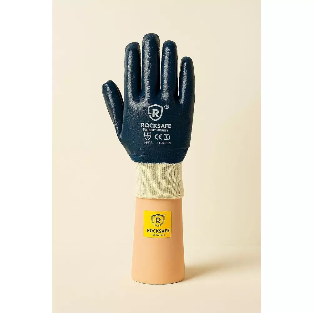 ROCKSAFE Safety Hand Gloves Nitron Knit Wrist Type Full Nitrile Coating Cotton Lining Blue Free Size (Pack of 120 Pairs)