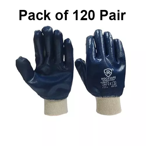 ROCKSAFE Safety Hand Gloves Nitron Knit Wrist Type Full Nitrile Coating Cotton Lining Blue Free Size (Pack of 120 Pairs)