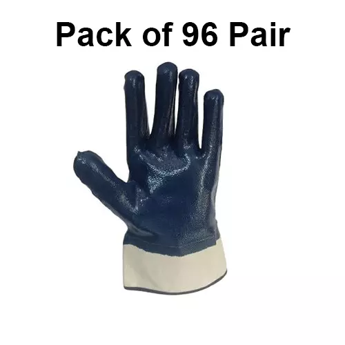 ROCKSAFE Safety Hand Gloves Nitron Cuff Type Full Nitrile Coating Canvas Cuff and Cotton Lining Blue Free Size (Pack of 96 Pairs)