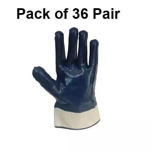 ROCKSAFE Safety Hand Gloves Nitron Cuff Type Full Nitrile Coating Canvas Cuff and Cotton Lining Blue Free Size (Pack of 36 Pairs)