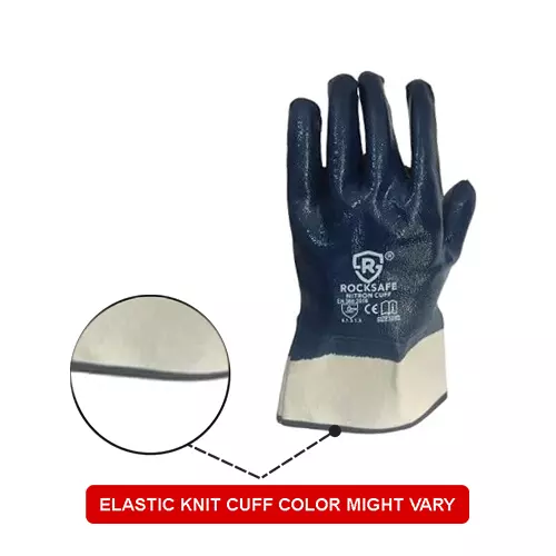 ROCKSAFE Safety Hand Gloves Nitron Cuff Type Full Nitrile Coating Canvas Cuff and Cotton Lining Blue Free Size (Pack of 48 Pairs)