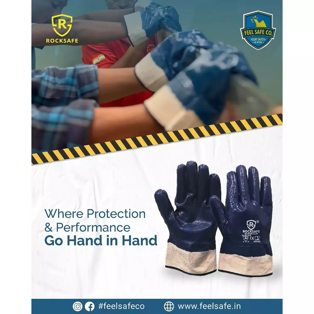 ROCKSAFE Safety Hand Gloves Nitron Cuff Type Full Nitrile Coating Canvas Cuff and Cotton Lining Blue Free Size (Pack of 48 Pairs)