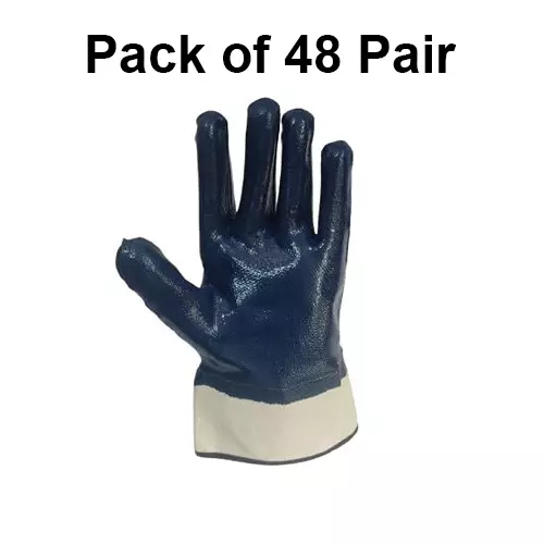 ROCKSAFE Safety Hand Gloves Nitron Cuff Type Full Nitrile Coating Canvas Cuff and Cotton Lining Blue Free Size (Pack of 48 Pairs)