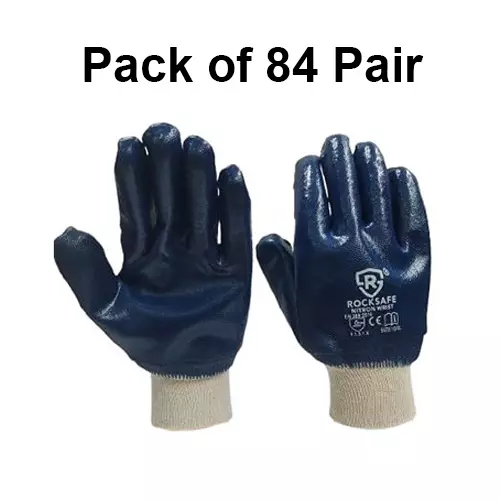 ROCKSAFE Safety Hand Gloves Nitron Knit Wrist Type Full Nitrile Coating Cotton Lining Blue Free Size (Pack of 84 Pairs)