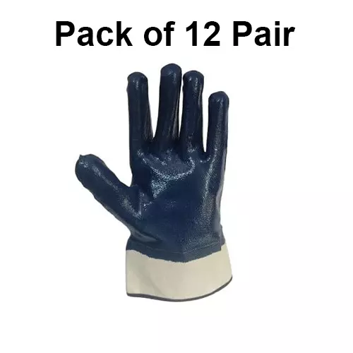 ROCKSAFE Safety Hand Gloves Nitron Cuff Type Full Nitrile Coating Canvas Cuff and Cotton Lining Blue Free Size (Pack of 12 Pairs)